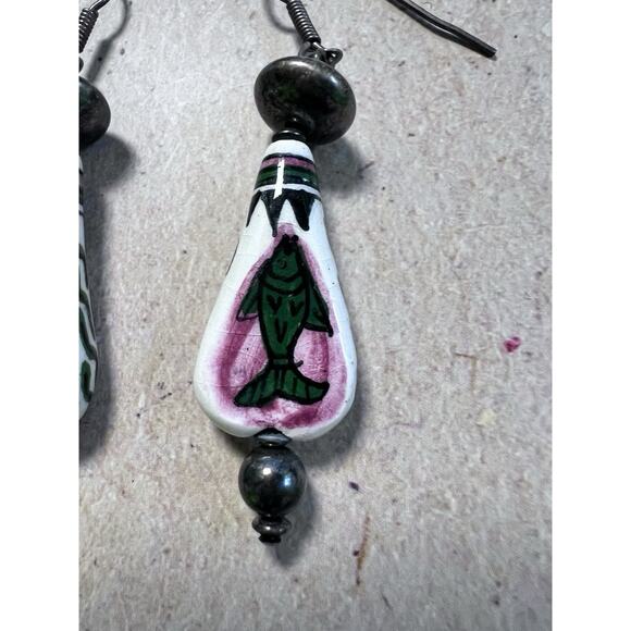 VTG 90s 925 Silver Hand Painted Fish Tribal Drop Earrings Fertility Luck Protect - Picture 3 of 9